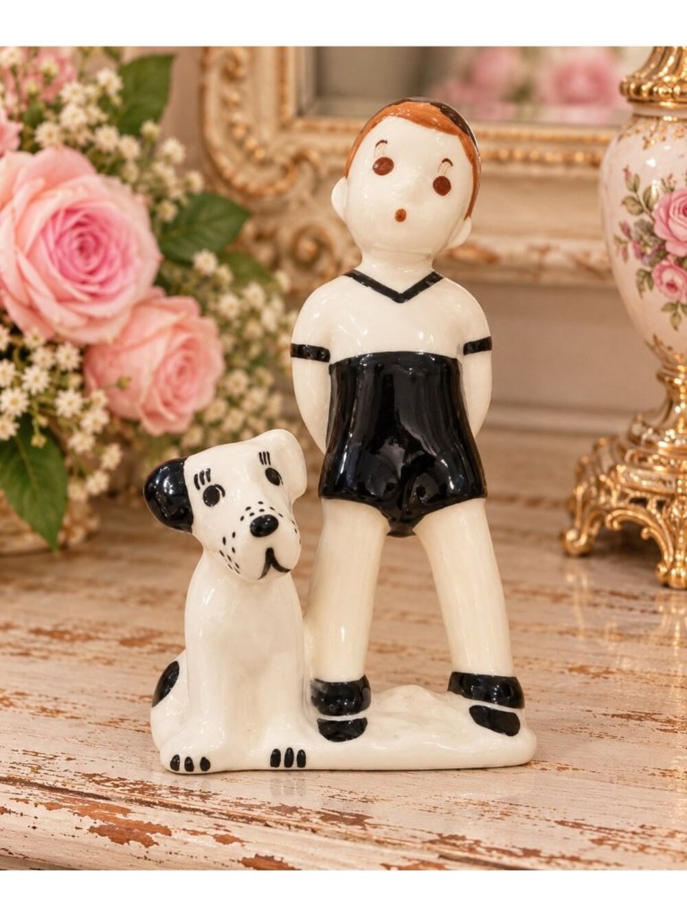 Antique 5"  Russian Folk Art Pottery Boy With Puppy Dog Figurine Sculpture